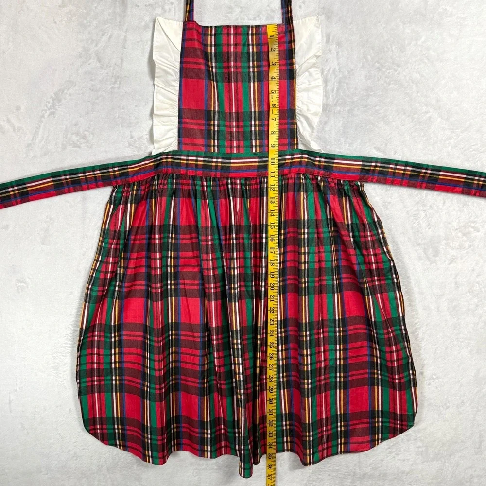 Vintage 70s Plaid Pinafore Apron Dress Ruffle Bib‎ Tie Back Lady One Size USA